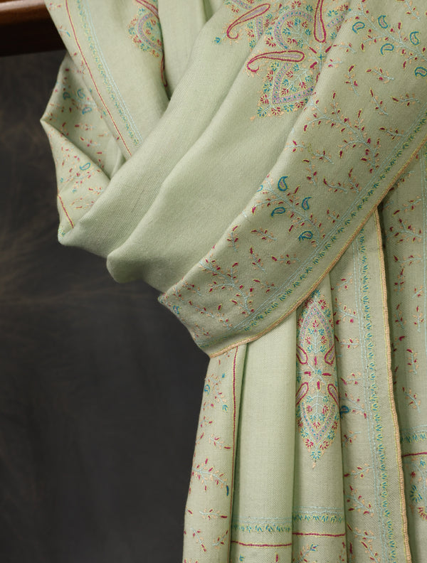 Mint Green Motif Embroidery Cashmere Pashmina Shawl — pashmina shawl detail