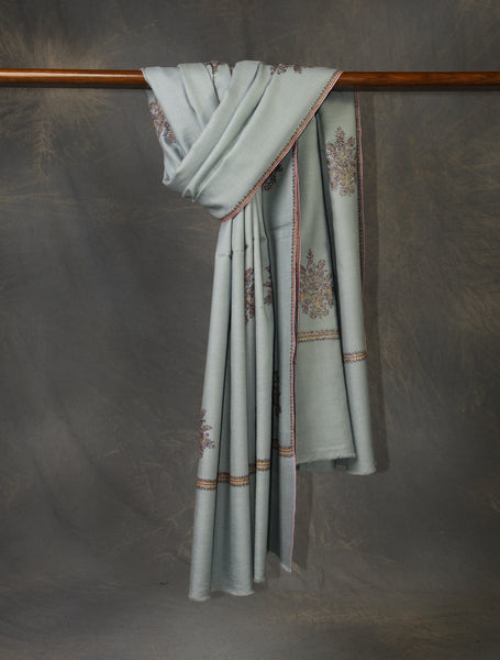 Mist Blue Motif Embroidery Cashmere Pashmina Shawl