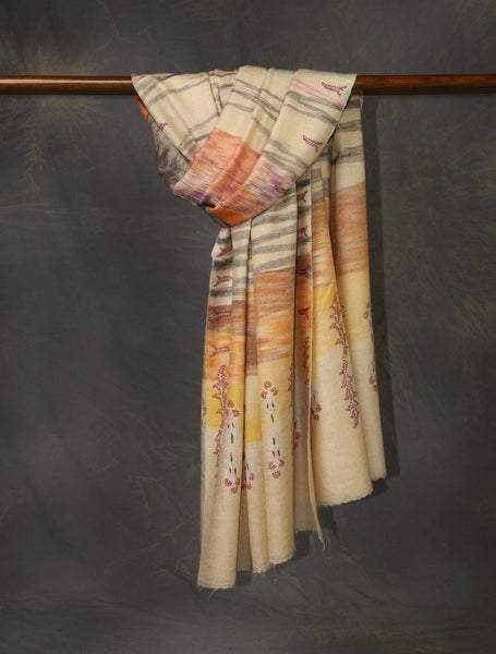 Multicolor Ikkat Boteh Motif Embroidery Cashmere Pashmina Shawl