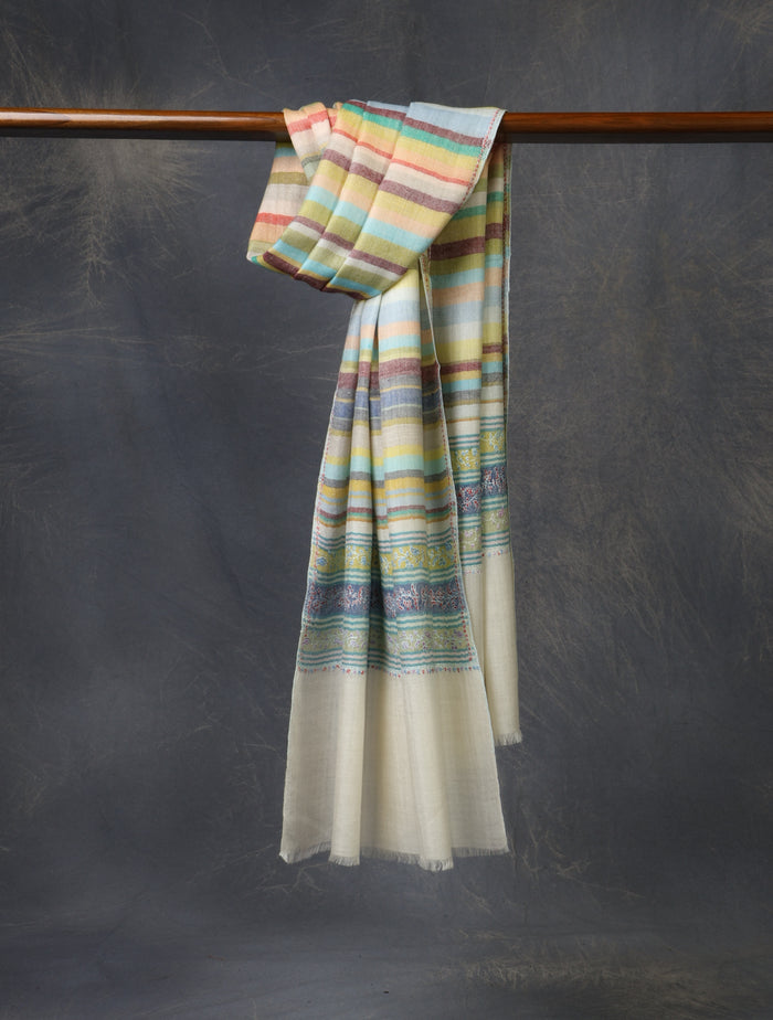Multicolor Striped Base with Striped Border Embroidery Cashmere Pashmina Scarf