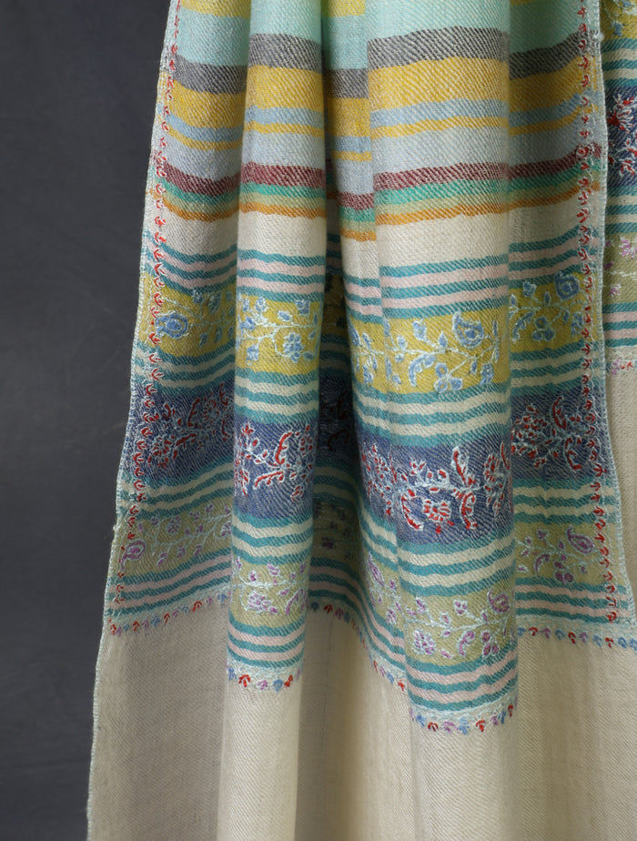 Multicolor Striped Base with Striped Border Embroidery Cashmere Pashmina Scarf