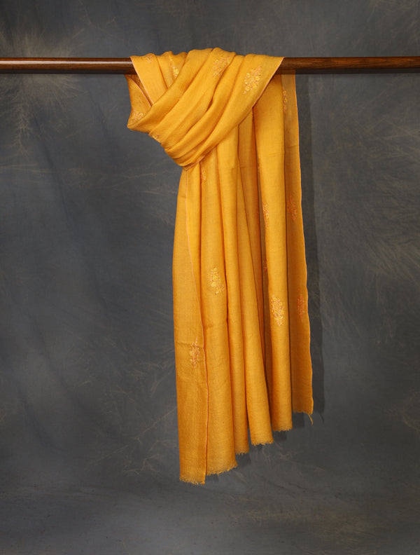 Mustard Base Buteh Embroidery Pashmina Cashmere Scarf — Jali openwork embroidery pashmina shawl from Srinagar