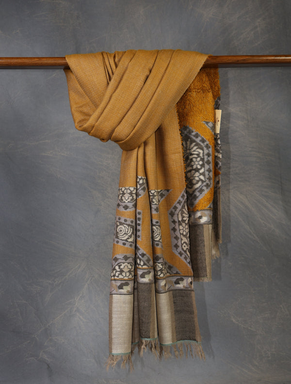 Mustard Base Towel Kani Cashmere Pashmina Shawl – Authentic Kashmir Kani Shawl