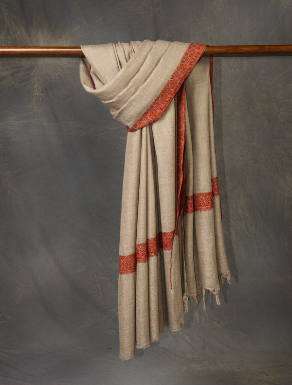Natural Base Big Border Embroidery Cashmere Pashmina Shawl — Sozni border embroidery pashmina shawl from Kashmir