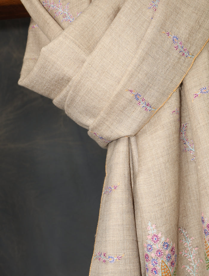 Natural Base Big Border Embroidery Cashmere Pashmina Shawl