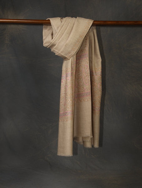 Natural Base Big Border Embroidery Cashmere Pashmina Shawl