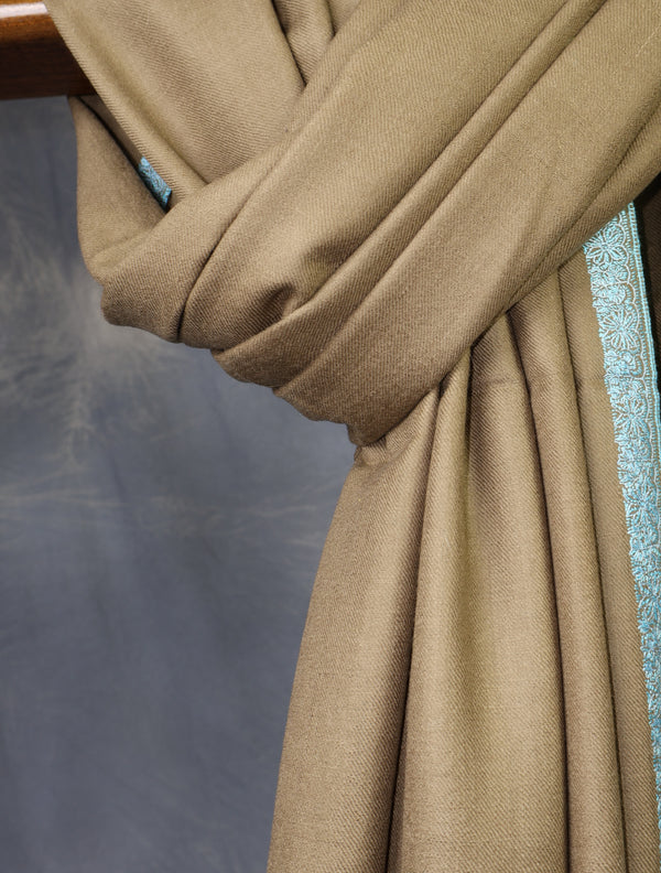 Natural Base Blue Big Border Embroidery Cashmere Pashmina Shawl – detail view
