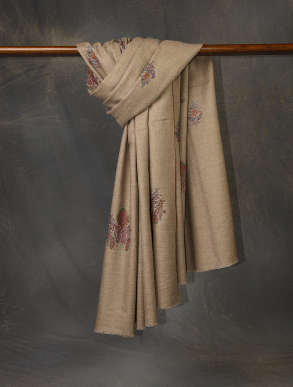 Natural Base Motif Embroidery Cashmere Pashmina Shawl — Jali openwork embroidery pashmina shawl from Srinagar