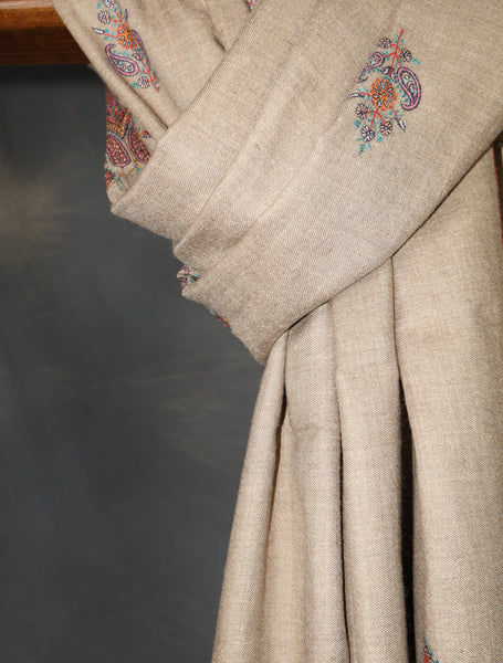 Natural Base Motif Embroidery Cashmere Pashmina Shawl