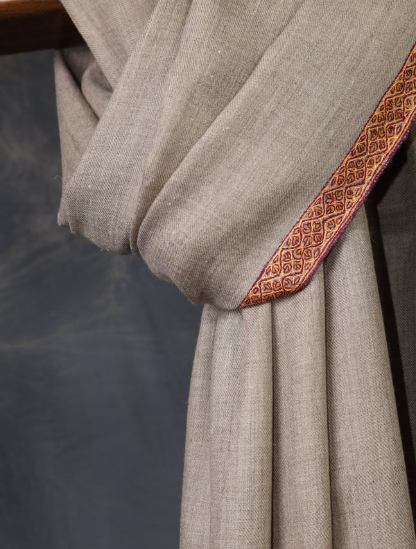 Natural Base Orange Border Embroidery Cashmere Pashmina Shawl – detail view