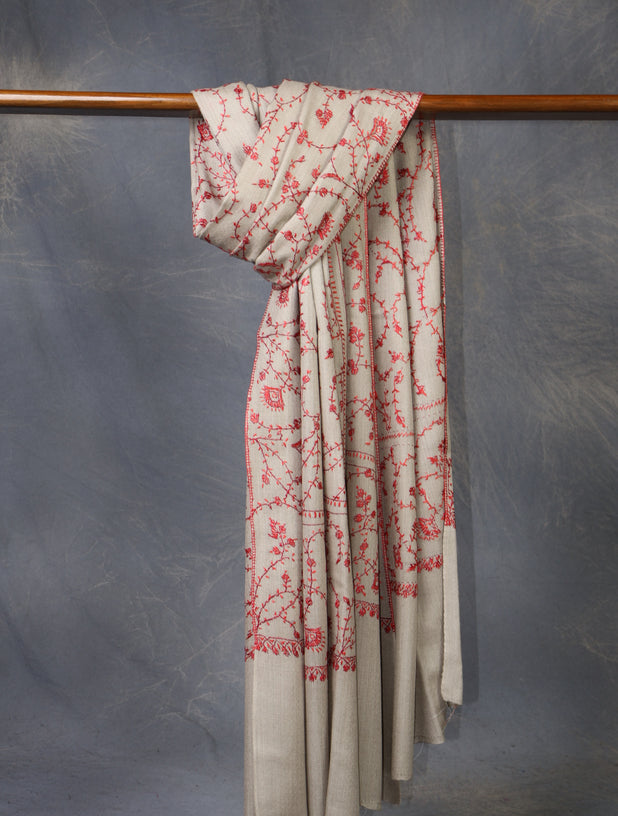 Natural Base Red jali sozni merino embroidery shawl 