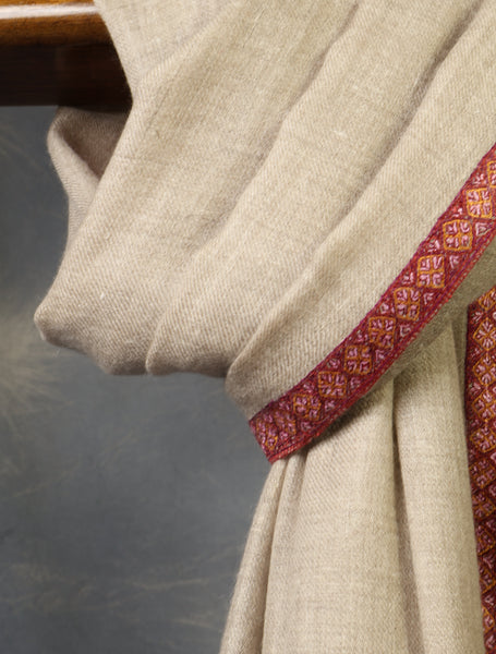 Natural Base Small Border Embroidery Cashmere Pashmina Shawl