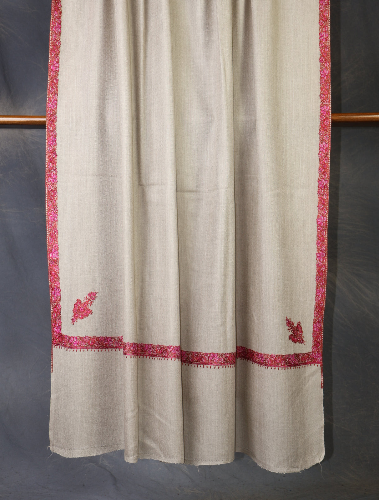 Natural Base Small Border Embroidery Merino Shawl