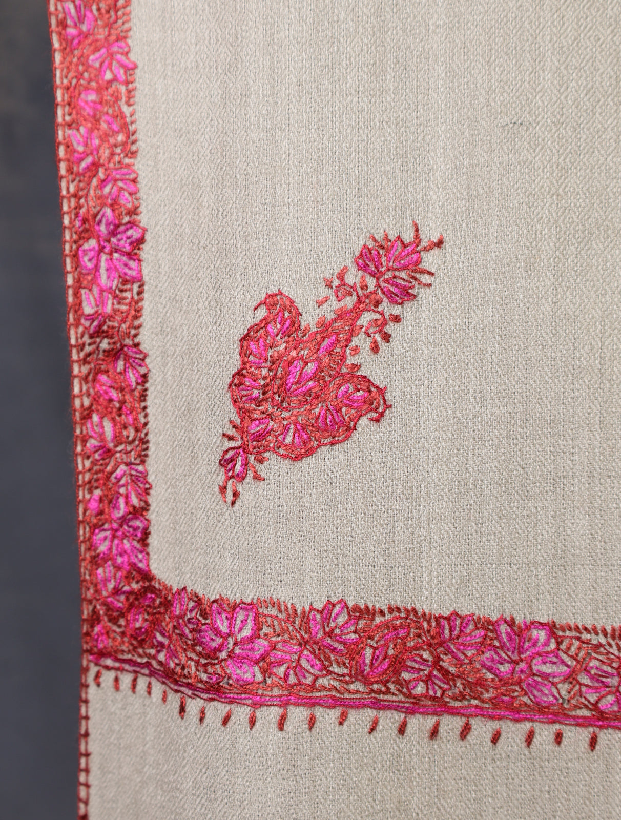 Natural Base Small Border Embroidery Merino Shawl