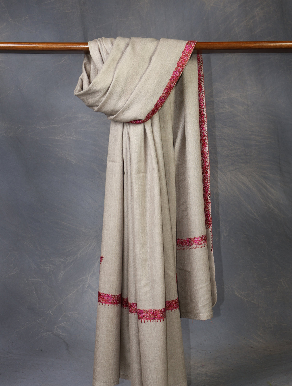 Natural Base Small Border Embroidery Merino Shawl