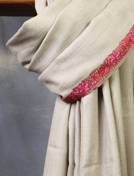 Natural Base Small Border Embroidery Merino Shawl