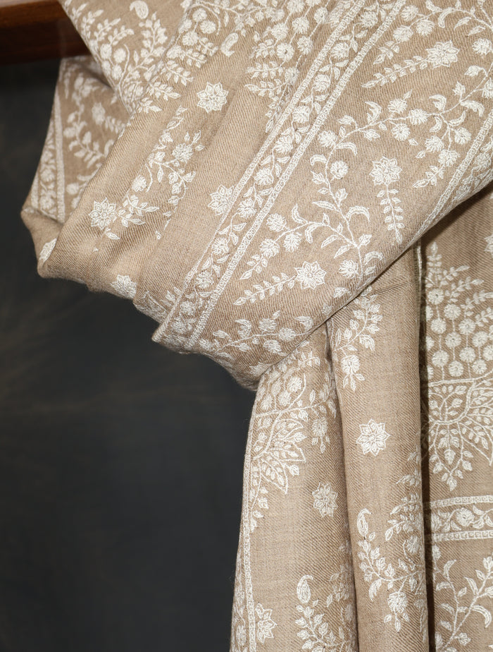 Natural Big Border And Boteh Motif Embroidery Cashmere Pashmina Shawl