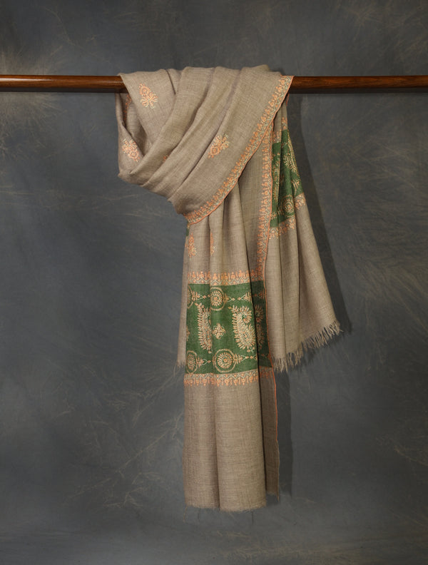 Natural Butti-Dar & Border Embroidery Cashmere Pashmina Shawl — Jali openwork embroidery pashmina shawl from Srinagar