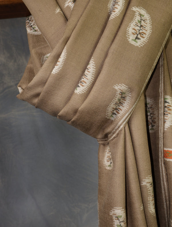 Natural Kani white Buteh Pashmina Shawl – detail view