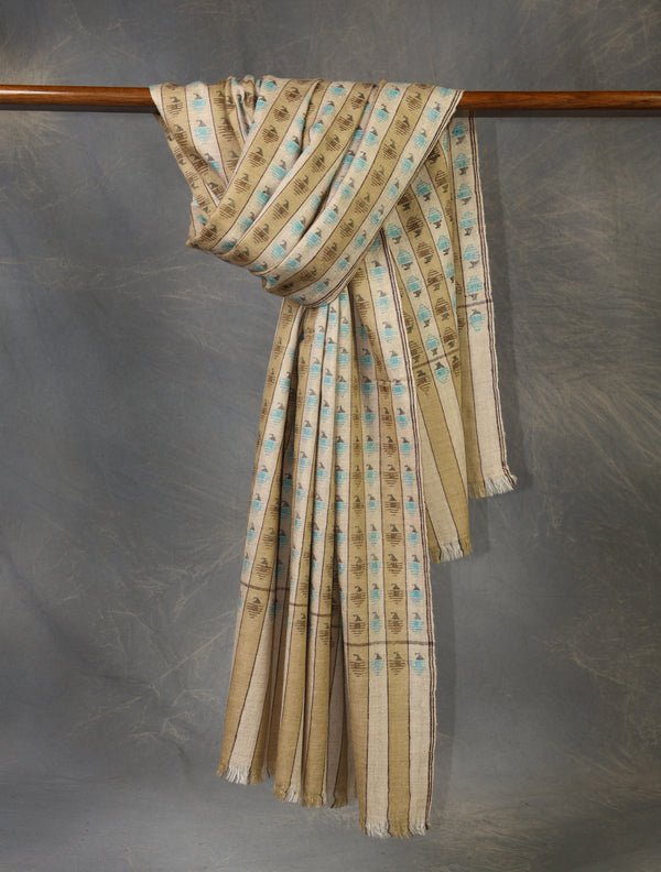 Natural & White Stripe Pashmina Kani Shawl – Authentic Kashmir Kani Shawl