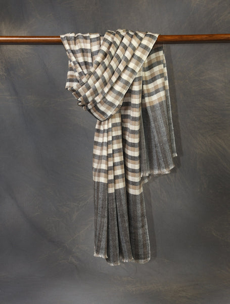 Natural and Black Plaid Pure Cashmere Pashmina Shawl

