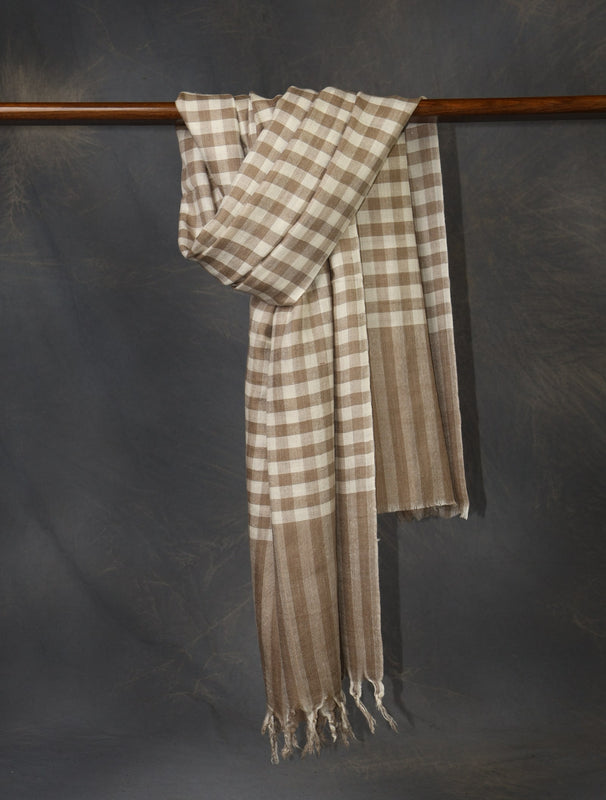 Natural and Ivory Plaid Pure Cashmere Pashmina Shawl
