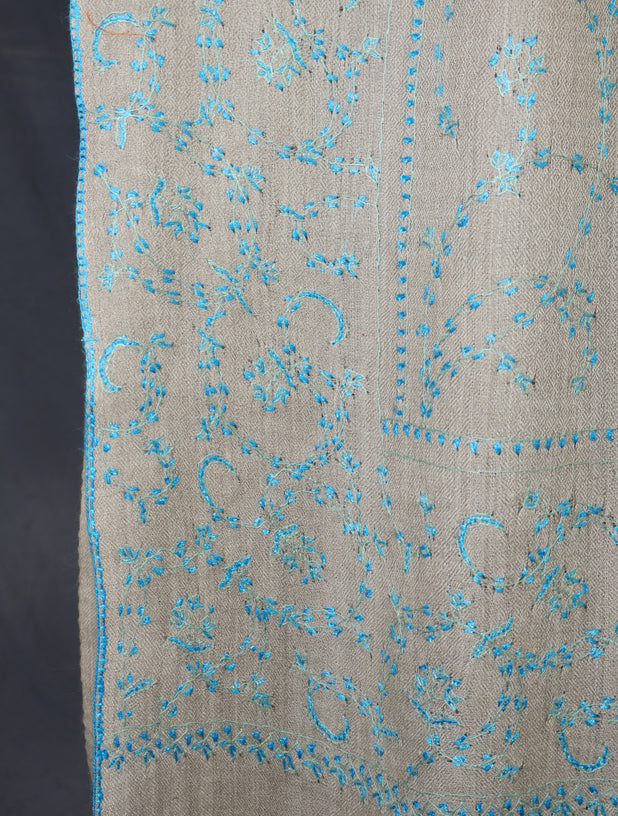 Natural base blue jali sozni merino embroidery shawl 