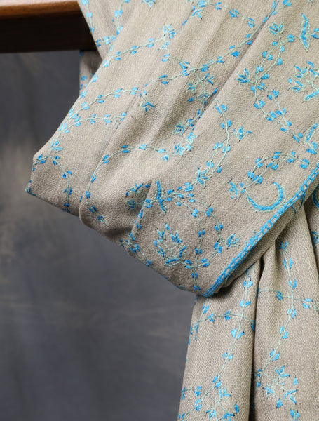 Natural base blue jali sozni merino embroidery shawl 