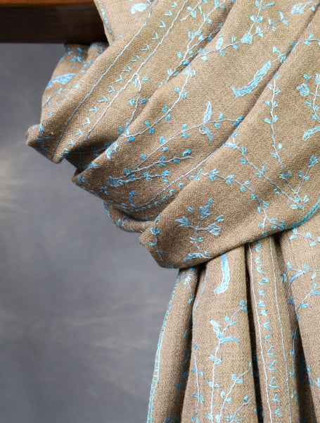 Natural base blue jali sozni merino embroidery shawl 