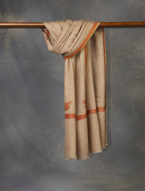 Natural colour with Small Border Embroidery Cashmere Pashmina Scarf — Sozni border embroidery pashmina shawl from Kashmir