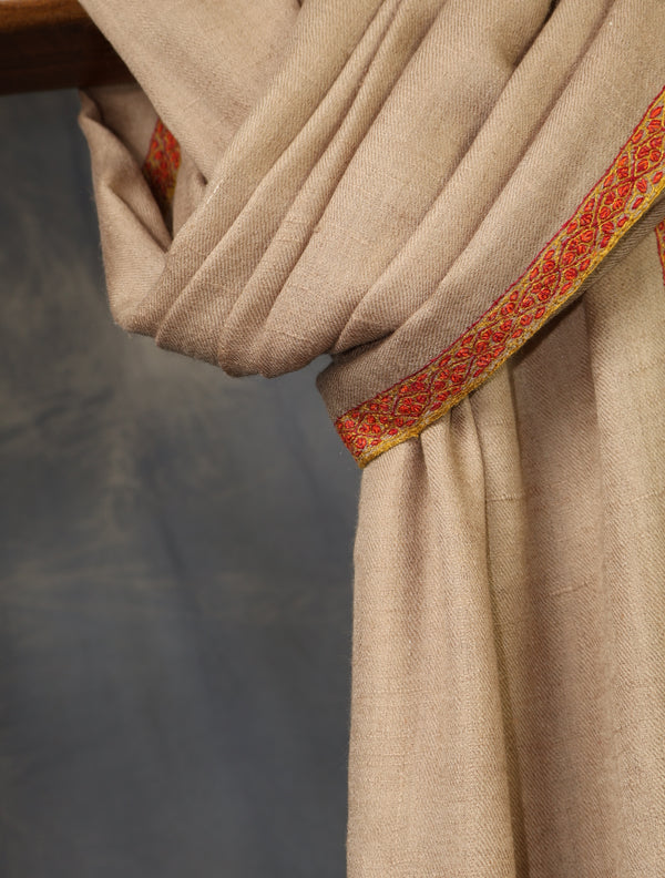 Natural colour with Small Border Embroidery Cashmere Pashmina Scarf — pashmina shawl detail
