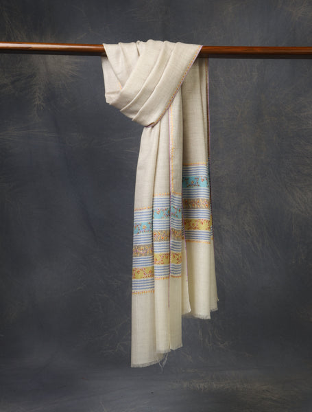 Natural with Border Embroidery Cashmere Pashmina Scarf
