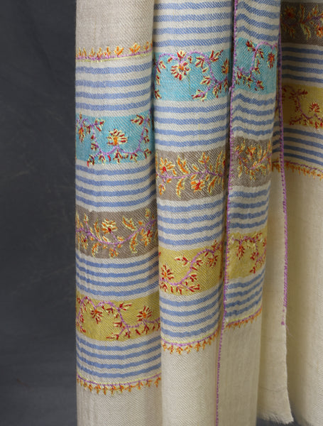Natural with Border Embroidery Cashmere Pashmina Scarf
