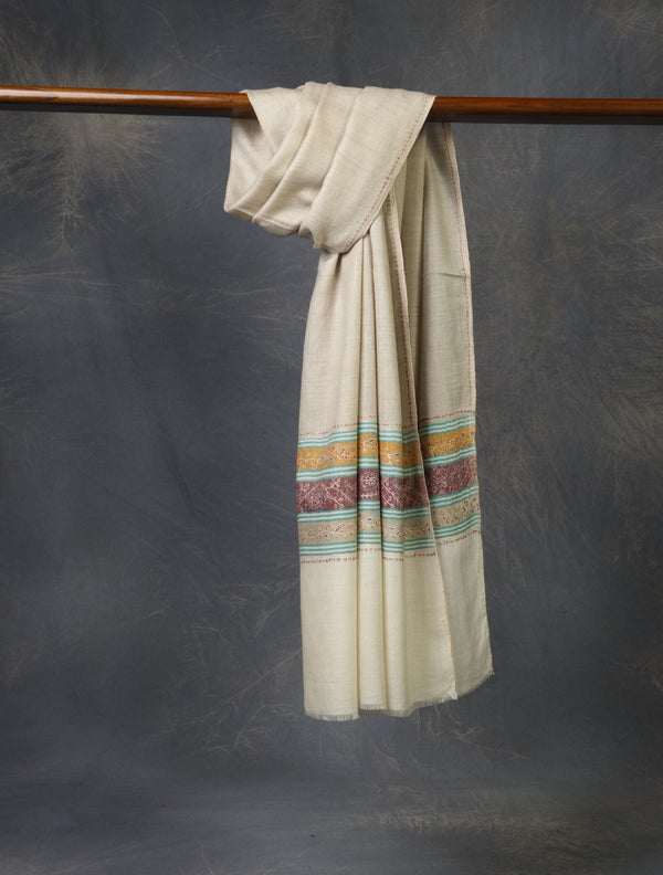 Natural with Border Embroidery Cashmere Pashmina Scarf — embroidered cashmere winter shawl from Kashmir