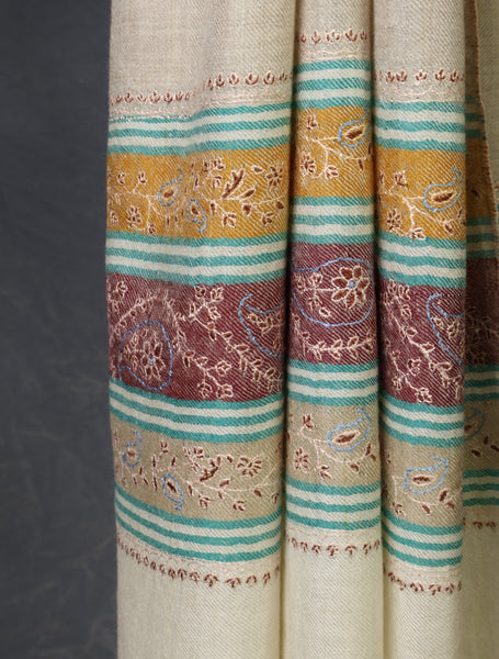 Natural with Border Embroidery Cashmere Pashmina Scarf
