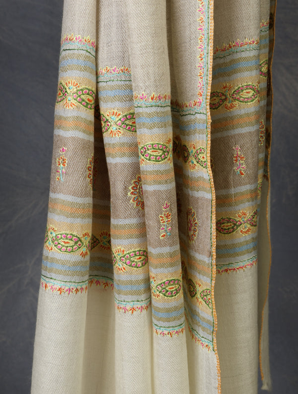 Natural with Border Embroidery Cashmere Pashmina Scarf — cashmere winter shawl embroidery detail