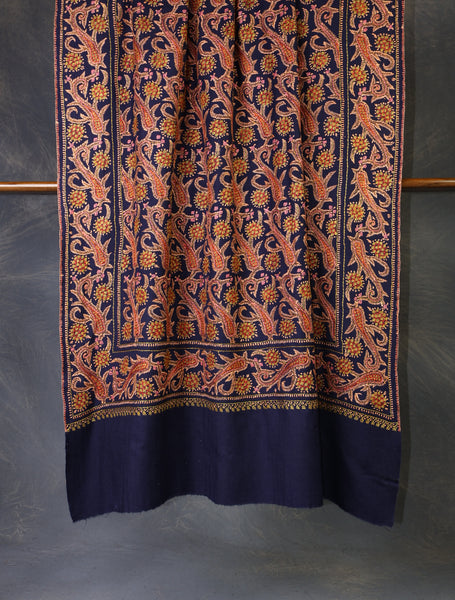 Navy Blue Base Jamawar Embroidery Merino Shawl