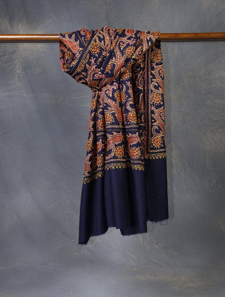 Navy Blue Base Jamawar Embroidery Merino Shawl