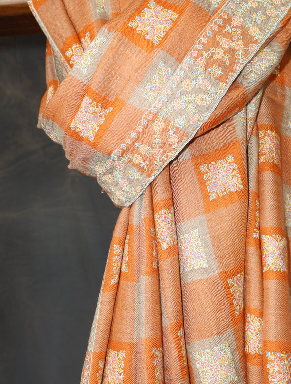 Orange And Natural Plaid Base Big Motif Jali Embroidery Cashmere Pashmina Shawl — pashmina shawl detail