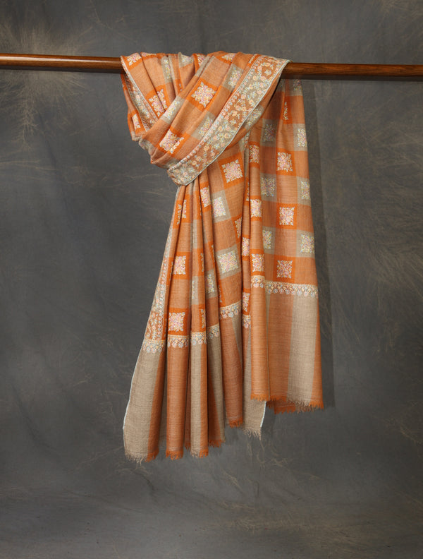 Orange And Natural Plaid Base Big Motif Jali Embroidery Cashmere Pashmina Shawl — Jali openwork embroidery pashmina shawl from Srinagar