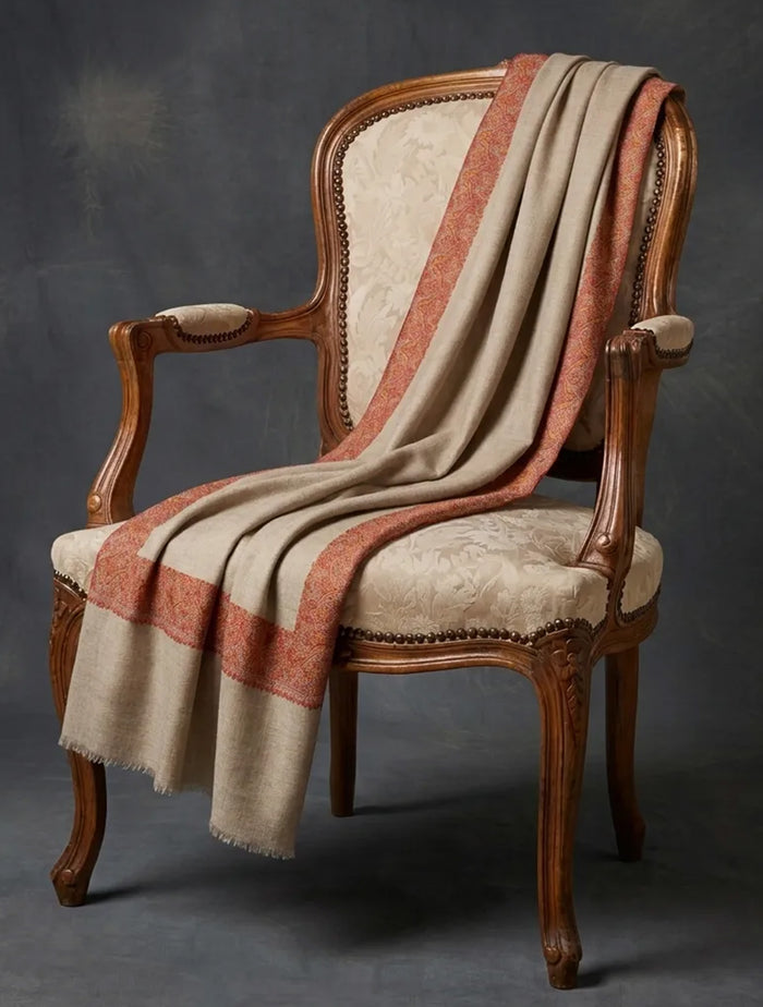Natural Colour Base Big Border Embroidery Cashmere Pashmina Shawl