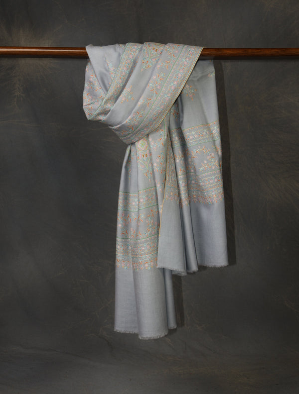 Pastel Blue Motif Embroidery Cashmere Pashmina Shawl — Jali openwork embroidery pashmina shawl from Srinagar