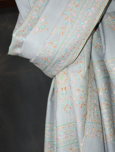 Pastel Blue Motif Embroidery Cashmere Pashmina Shawl
