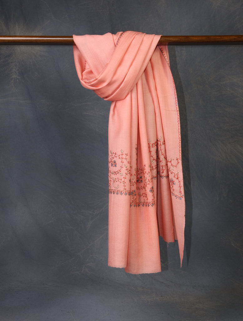 Peach Big Border Sozni Embroidery Merino Wool Scarf