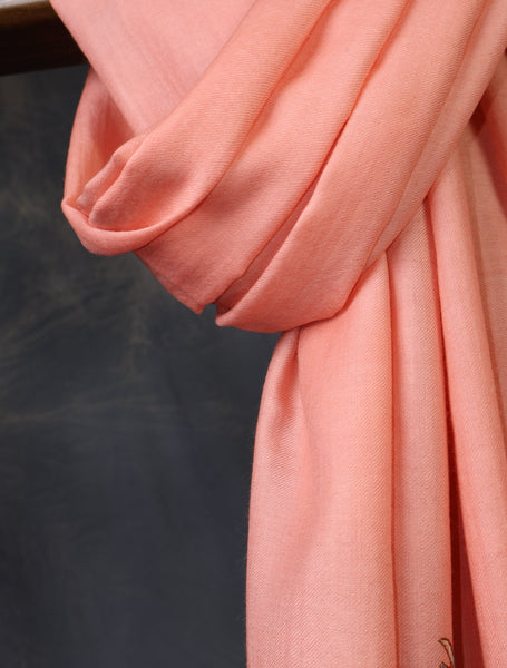 Peach Big Border Sozni Embroidery Merino Wool Scarf