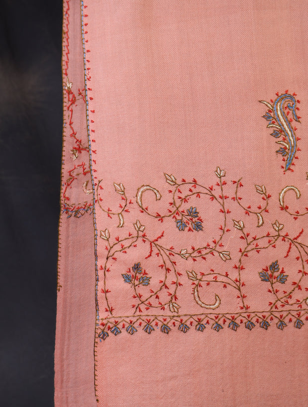 Peach Big Border Sozni Embroidery Merino Wool Scarf