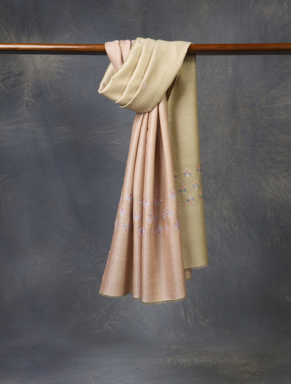 Pink And Natural Buteh Embroidery Cashmere Pashmina Scarf
