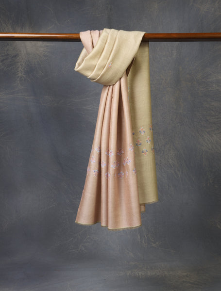 Pink And Natural Buteh Embroidery Cashmere Pashmina Scarf
