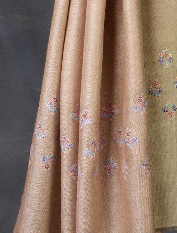 Pink And Natural Buteh Embroidery Cashmere Pashmina Scarf
 – detail view