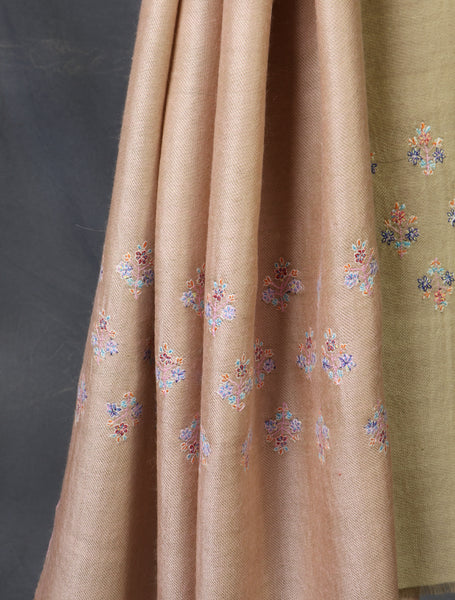 Pink And Natural Buteh Embroidery Cashmere Pashmina Scarf
